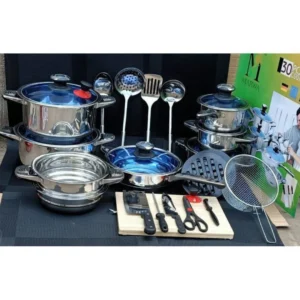 All items in the Marwa 30pcs German Stainless cookware set displayed
