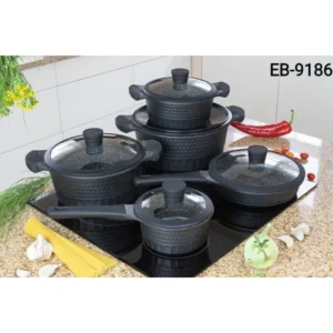 Black EDENBERG 10pc Induction cookware set displayed in a kitchen counter top