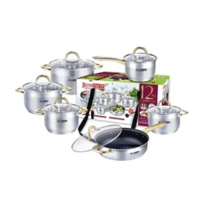Bominox 12pc Stainless steel cookware set items and packaging