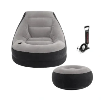 Inflatable seat with foot rest and pump