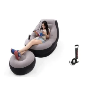 Inflatable seat with foot rest and pump