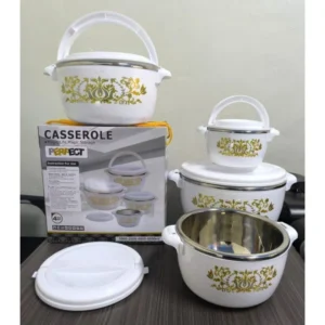 Set of white Casserole Hotpots on table